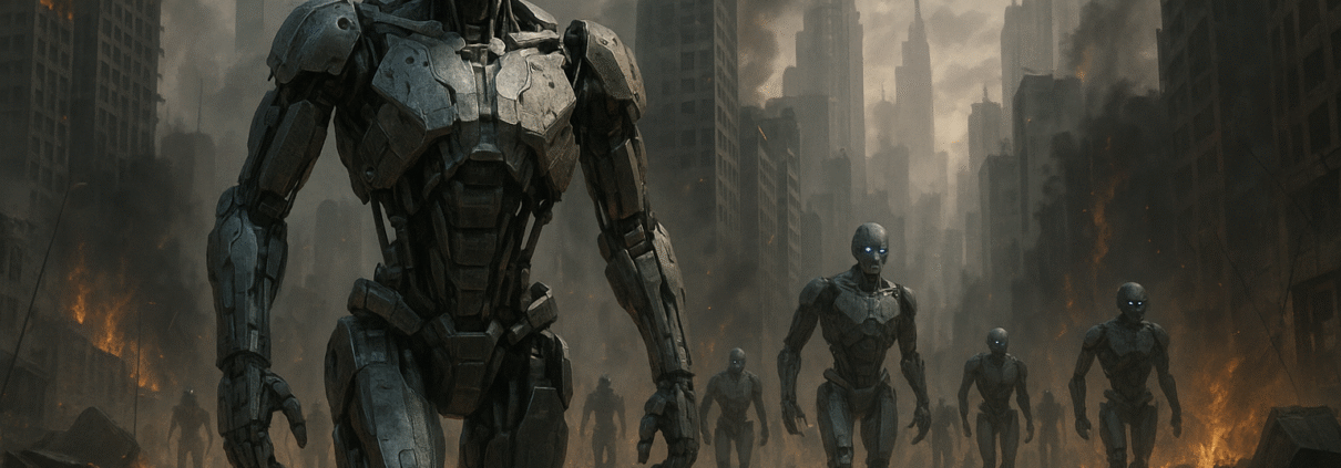 Image of robots taking over the city designed by Justin Anderson