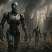 Image of robots taking over the city designed by Justin Anderson
