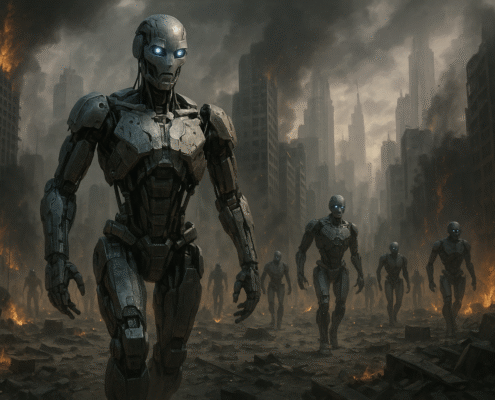 Image of robots taking over the city designed by Justin Anderson