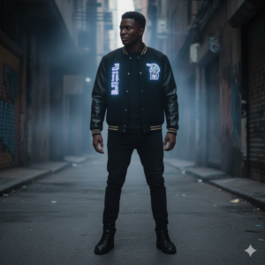 A black man wearing a black letterman jacket with the netjer Sobek in hieroglyphics on the front